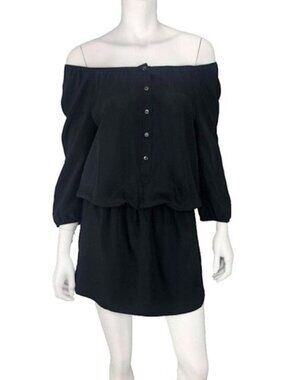 Express Black Off Shoulder Dress With Functional Buttons & Elastic Waist